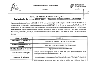 Contratação de Técnicos no âmbito do Programa de Atividades de  Enriquecimento Curricular (AEC) - 2023/2024