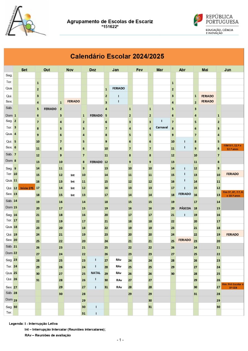 Calendário escolar 2024/2025 – Agrupamento de Escolas de Escariz